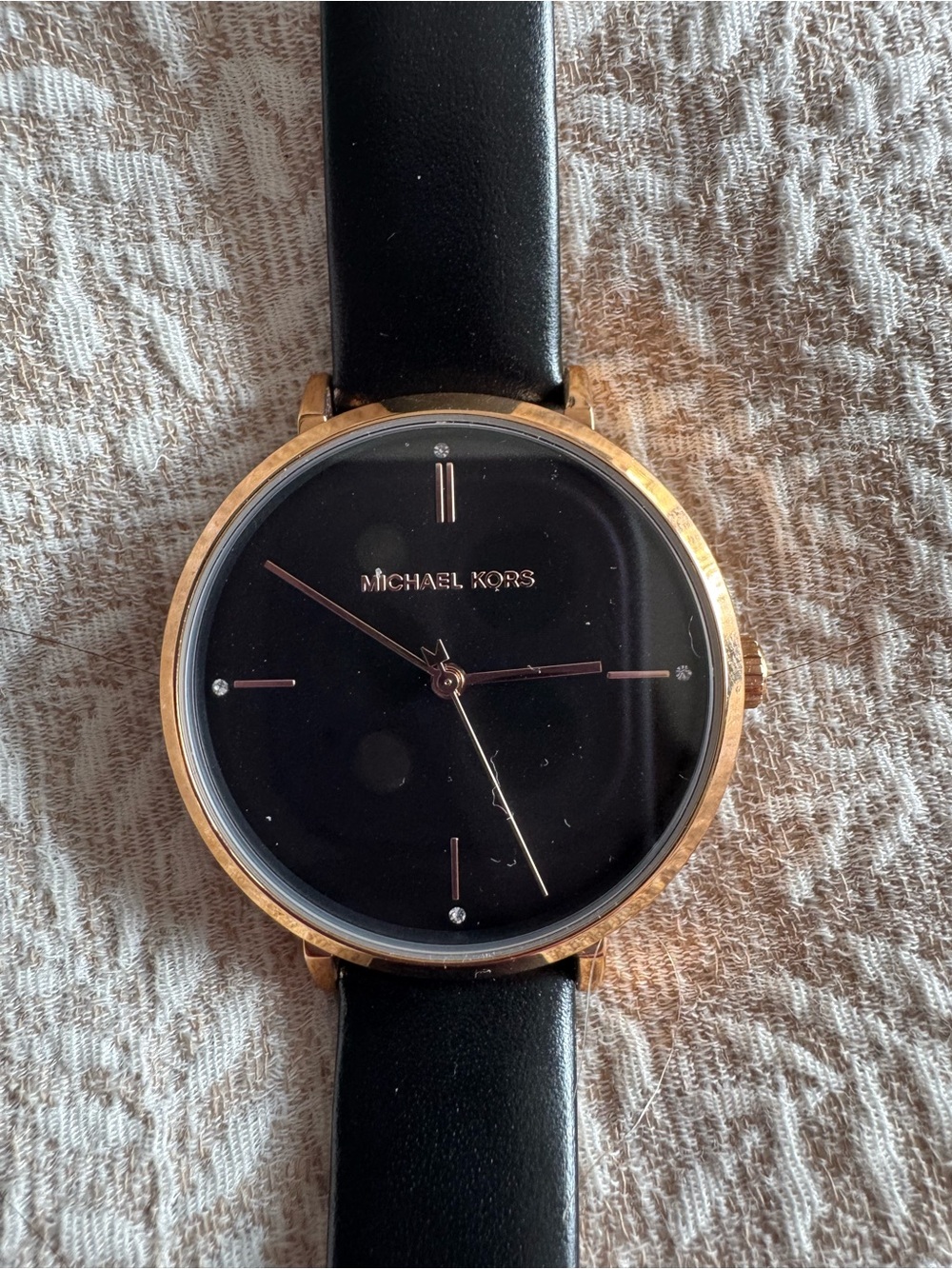 Michael Kors Black Dial Leather Strap Watch with Rose Gold-Tone Case